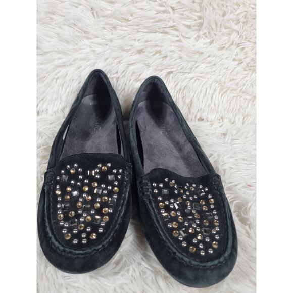 Vionic Shoes Womens Size 6 Black Suede Loafers Stud Embellished Slip On Flats - Picture 2 of 9